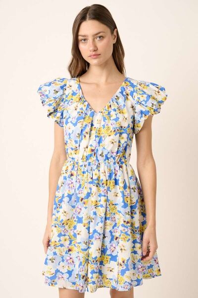 Mini-robe Mittoshop à fleurs, col en V et manches courtes