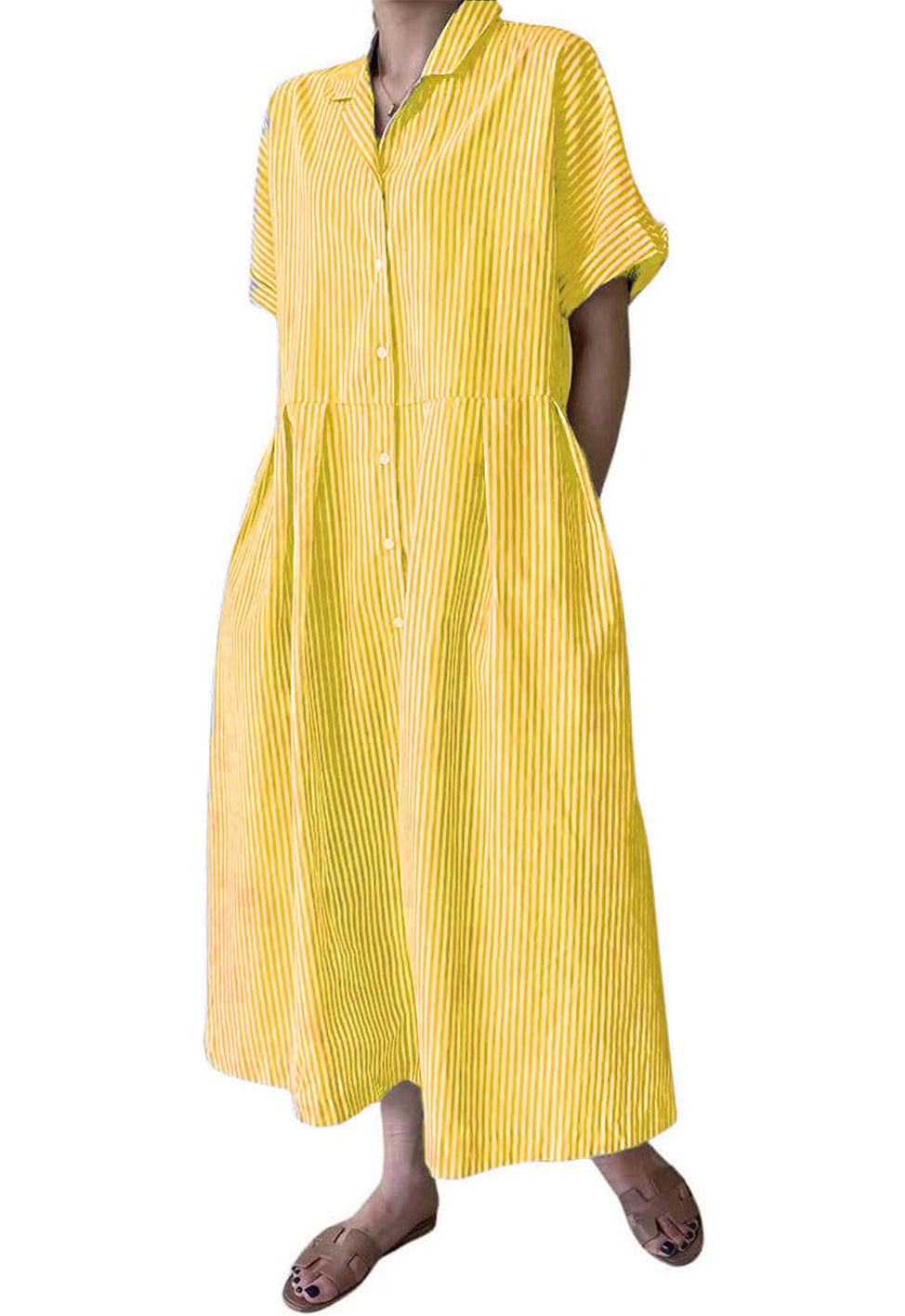 Damen Baumwoll-Streifenhemdkleid Durchgeknöpft Kurzarm Midi Langes Shiftkleid mit Taschen (Beim Kauf von 2 kostenfreier Versand)