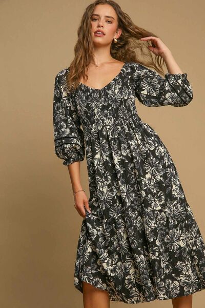 Umgee Rüschensaum Blumenbedrucktes V-Ausschnitt-Kleid