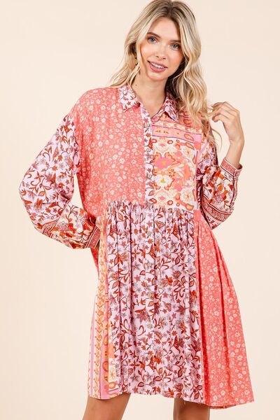 Robe chemise à manches longues avec détails floraux boutonnés Mittoshop