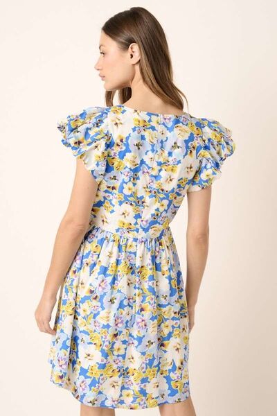 Mini-robe Mittoshop à fleurs, col en V et manches courtes