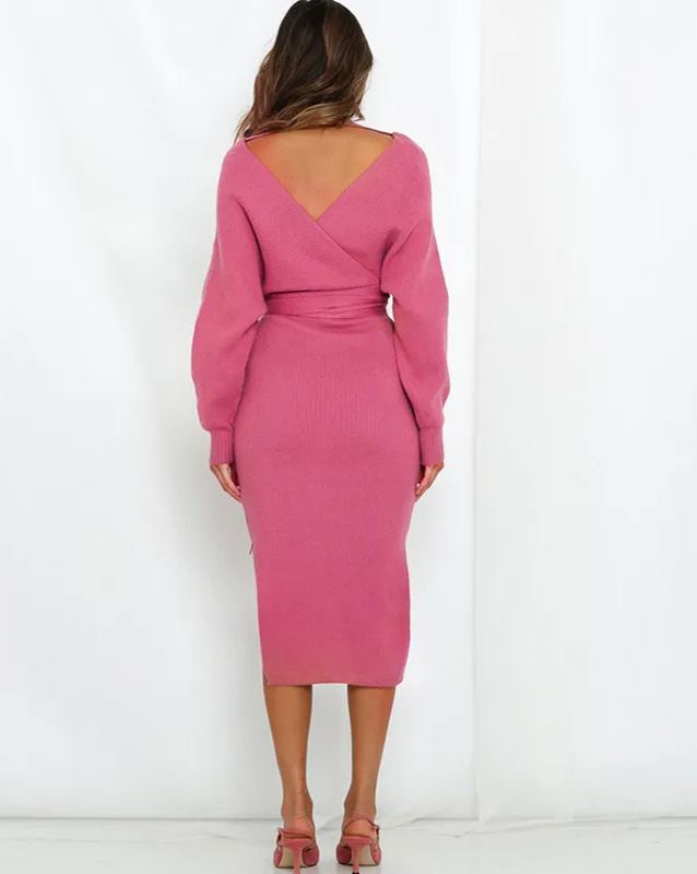 Women's Wrap V Neck Slit Sweater Dresses (Buy 2 Free Shipping)